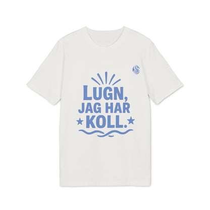 Alt Tag: Lugn Jag Har Koll Teenager Drix 100% Organic Cotton T-Shirt white tee with blue “LUGN, JAG HAR KOLL” graphic print