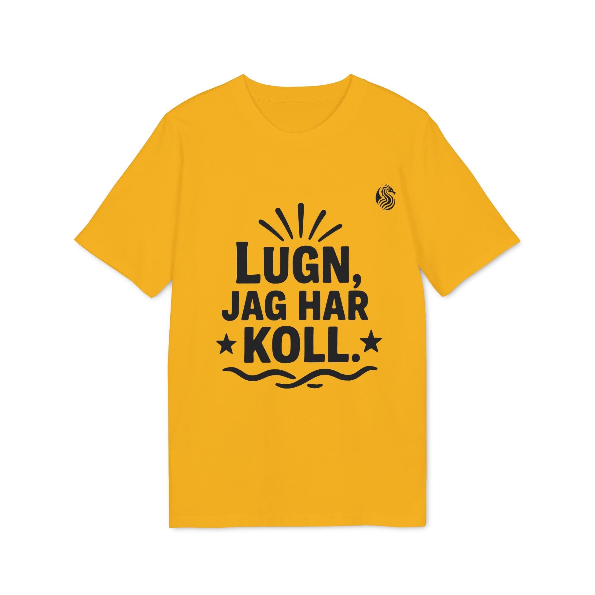 Alt Tag: Lugn Jag Har Koll Teenager Drix 100% Organic Cotton T-Shirt yellow tee with “LUGN, JAG HAR KOLL.” slogan graphic