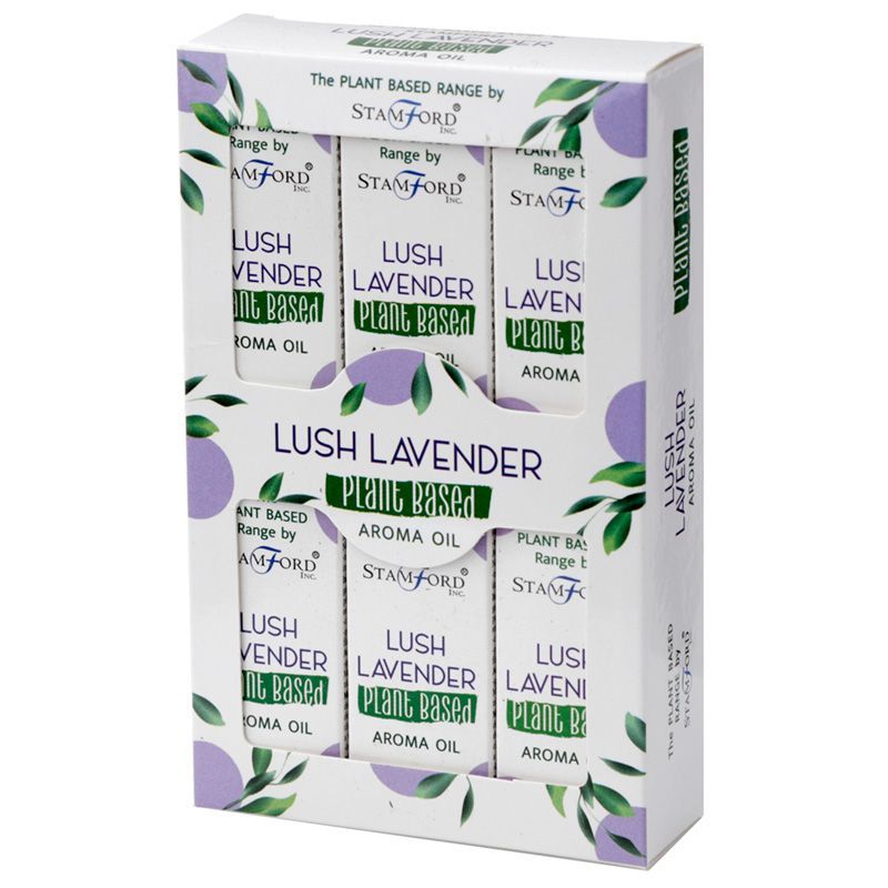 Alt Tag: Lush Lavender Aroma Oil – 45 ML, set de 6 frascos de aceite aromático plant-based con aroma a lavanda en caja