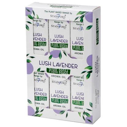Alt Tag: Lush Lavender Aroma Oil – 45 ML, set de 6 frascos de aceite aromático plant-based con aroma a lavanda en caja