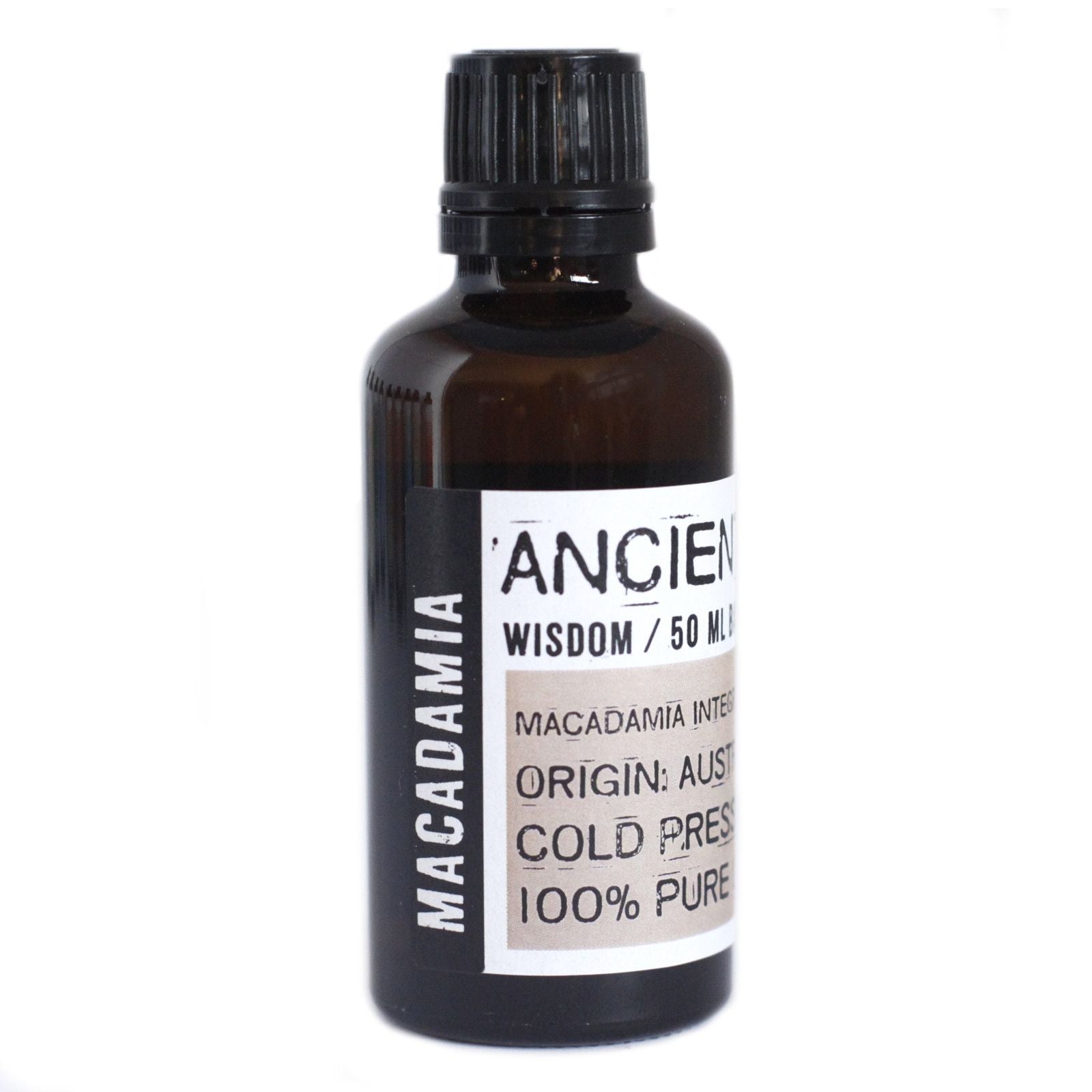 Alt Tag: Luxurious Macadamia Oil – 50ML Amber Bottle, frasco ámbar de aceite de macadamia 50 ml, prensado en frío, origen Australia