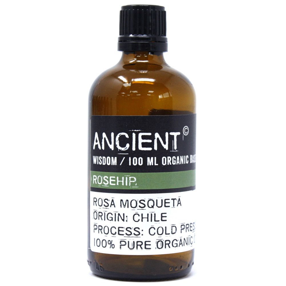 Alt Tag: Luxurious Rosehip Organic Oil – 100ML amber glass bottle with black cap, 100 ml organic rosehip oil label, cold pressed