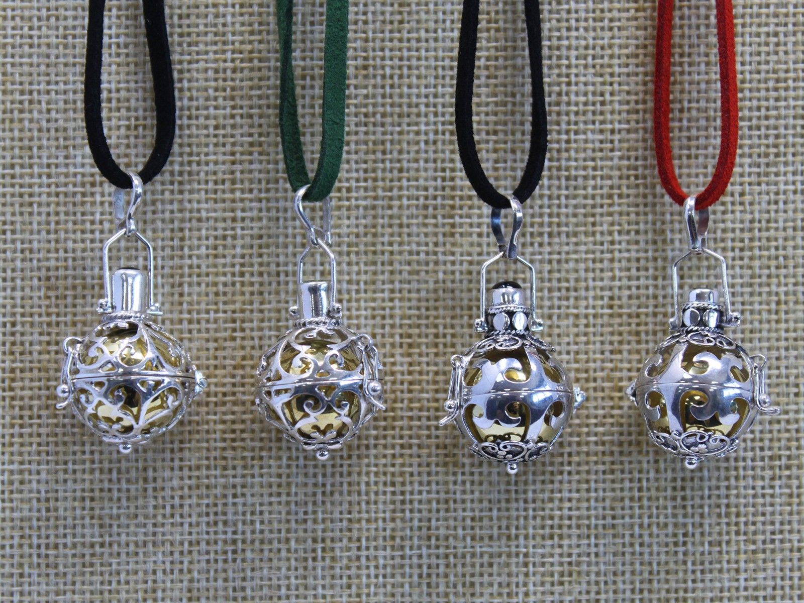 Alt Tag: Luxurious Silver Angel Bell – Night-time 18MM 925 silver Bali angel bell pendant necklace set with colored cords, 18mm