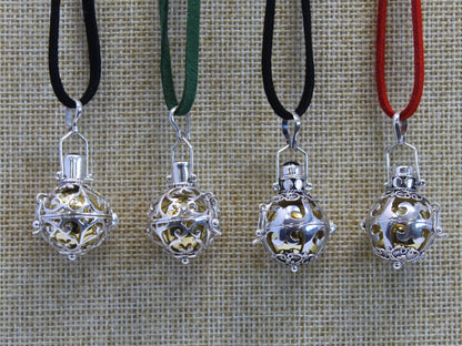 Alt Tag: Luxurious Silver Angel Bell – Night-time 18MM 925 silver Bali angel bell pendant necklace set with colored cords, 18mm