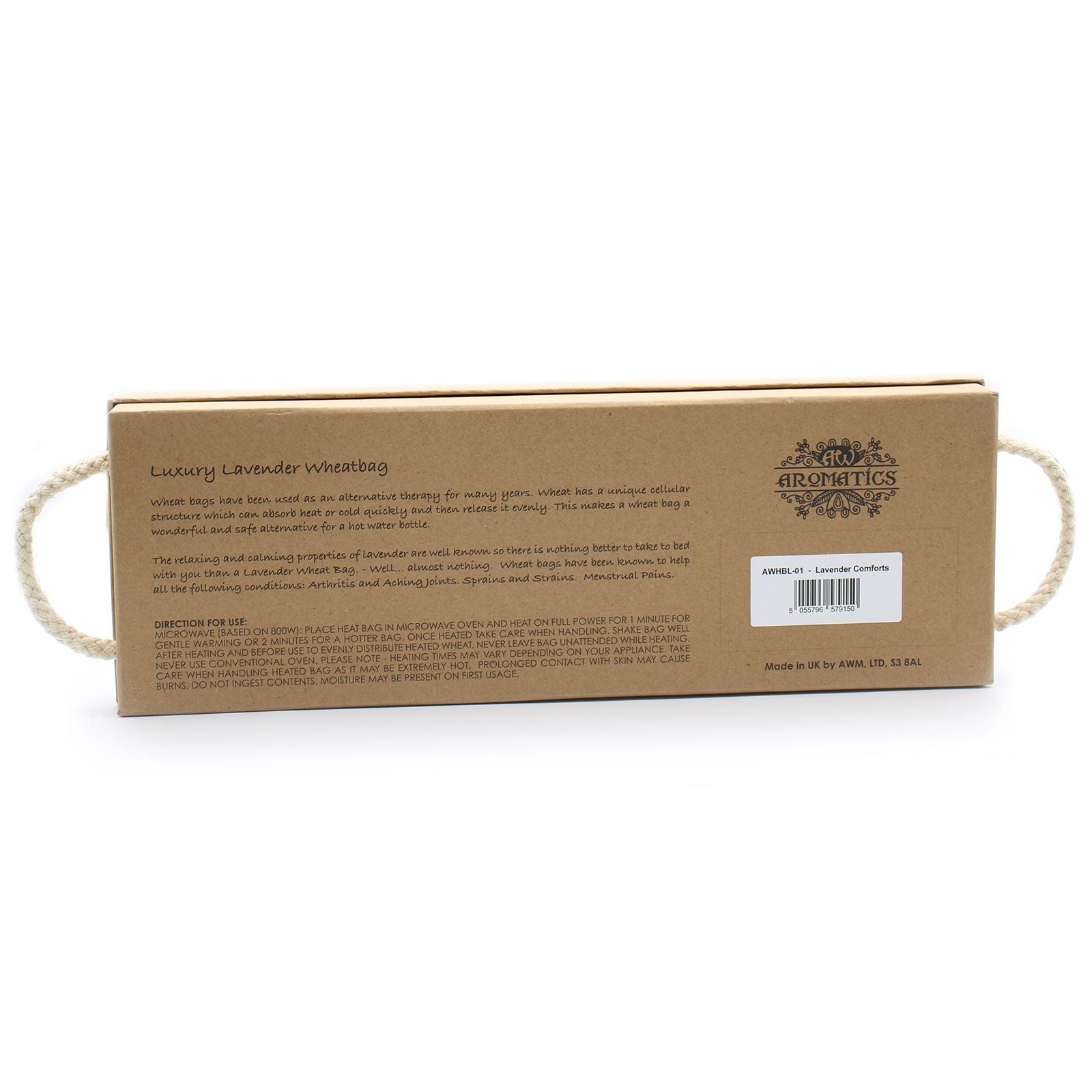 Alt Tag: Luxury Lavender Wheat Bag – Comfort Edition in gift box packaging, lavender wheat bag with rope handles, Aromatics label