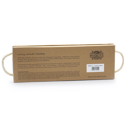Alt Tag: Luxury Lavender Wheat Bag – Comfort Edition in gift box packaging, lavender wheat bag with rope handles, Aromatics label