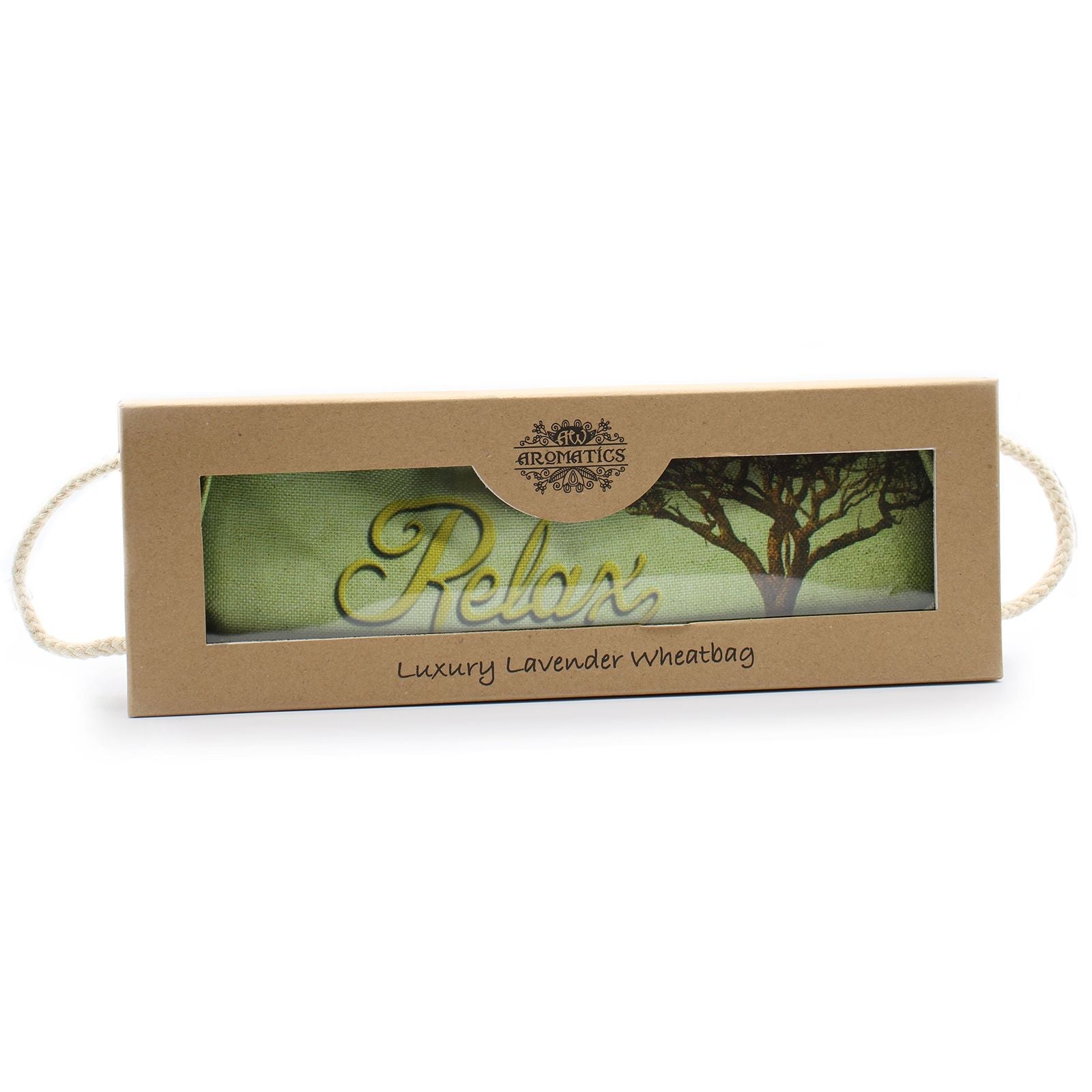 Luxury Lavender Wheat Bag – Cornfield RELAX en caja de regalo, wheatbag de lavanda con diseño Relax y asa de cuerda