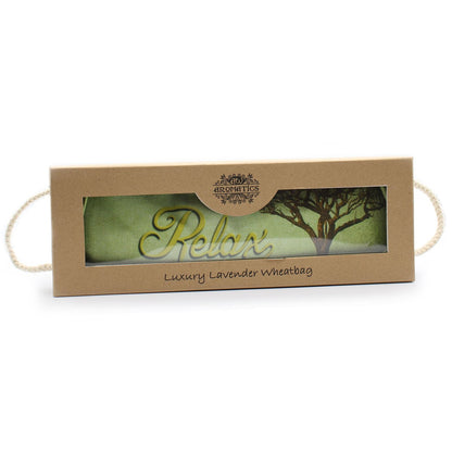 Luxury Lavender Wheat Bag – Cornfield RELAX en caja de regalo, wheatbag de lavanda con diseño Relax y asa de cuerda