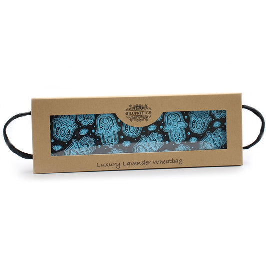 Luxury Lavender Wheat Bag in Gift Box – Hamsa in kraft gift box with blue Hamsa pattern window and carry handles