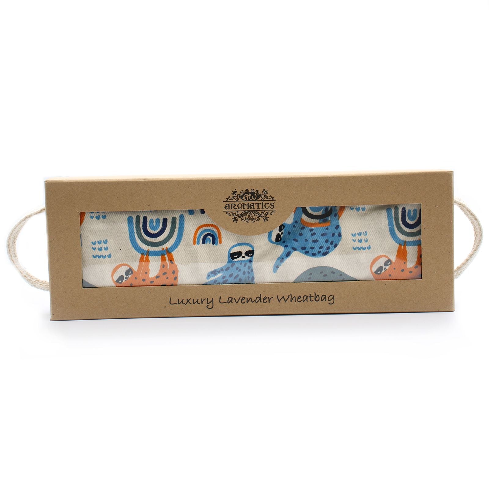 Luxury Lavender Wheat Bag in Gift Box – Lazy Sloth heat pack in kraft gift box, cotton cover with sloth print and lavender wheat filling