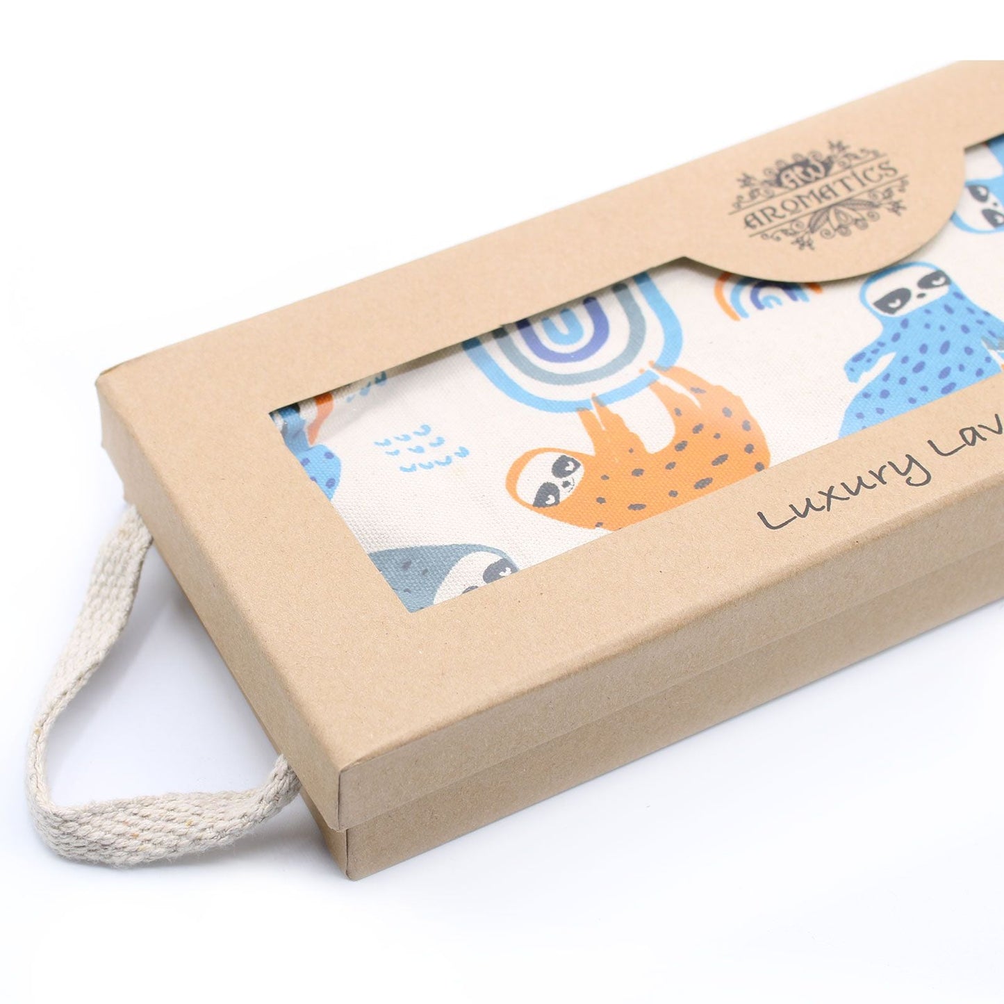 Alt Tag: Luxury Lavender Wheat Bag in Gift Box – Lazy Sloth heat pack in kraft gift box, cotton cover with sloth print and hanging loop