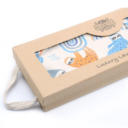 Alt Tag: Luxury Lavender Wheat Bag in Gift Box – Lazy Sloth heat pack in kraft gift box, cotton cover with sloth print and hanging loop