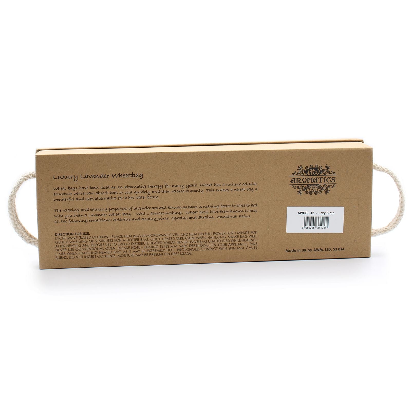 Alt Tag: Luxury Lavender Wheat Bag in Gift Box – Lazy Sloth, kraft gift box back view with product label and directions