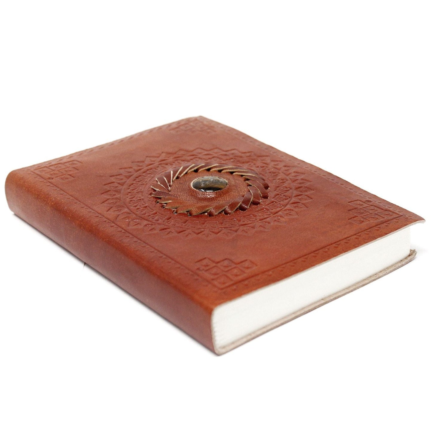 Alt Tag: Luxury Leather Tigereye Notebook – 17x12 CM, cuaderno de cuero marrón con grabado y piedra ojo de tigre en la portada
