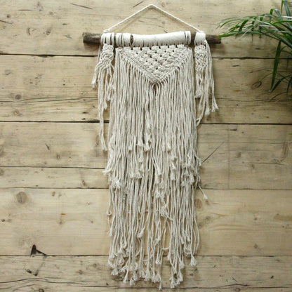 Alt Tag: Macramé Wall Hanging – Natural Abundance, handmade natural cotton boho wall decor with fringe, on wooden rod, neutral tones