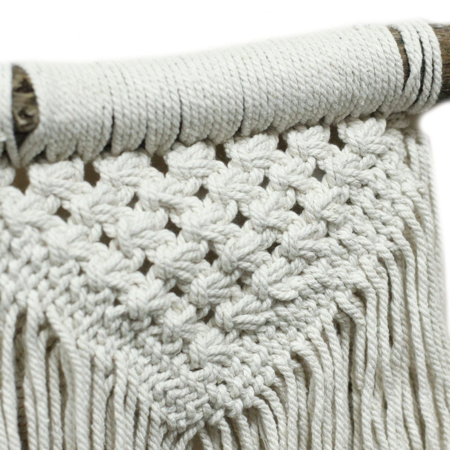 Alt Tag: Macramé Wall Hanging – Natural Abundance close-up of natural cotton knotwork, woven texture and fringe detail in neutral tones