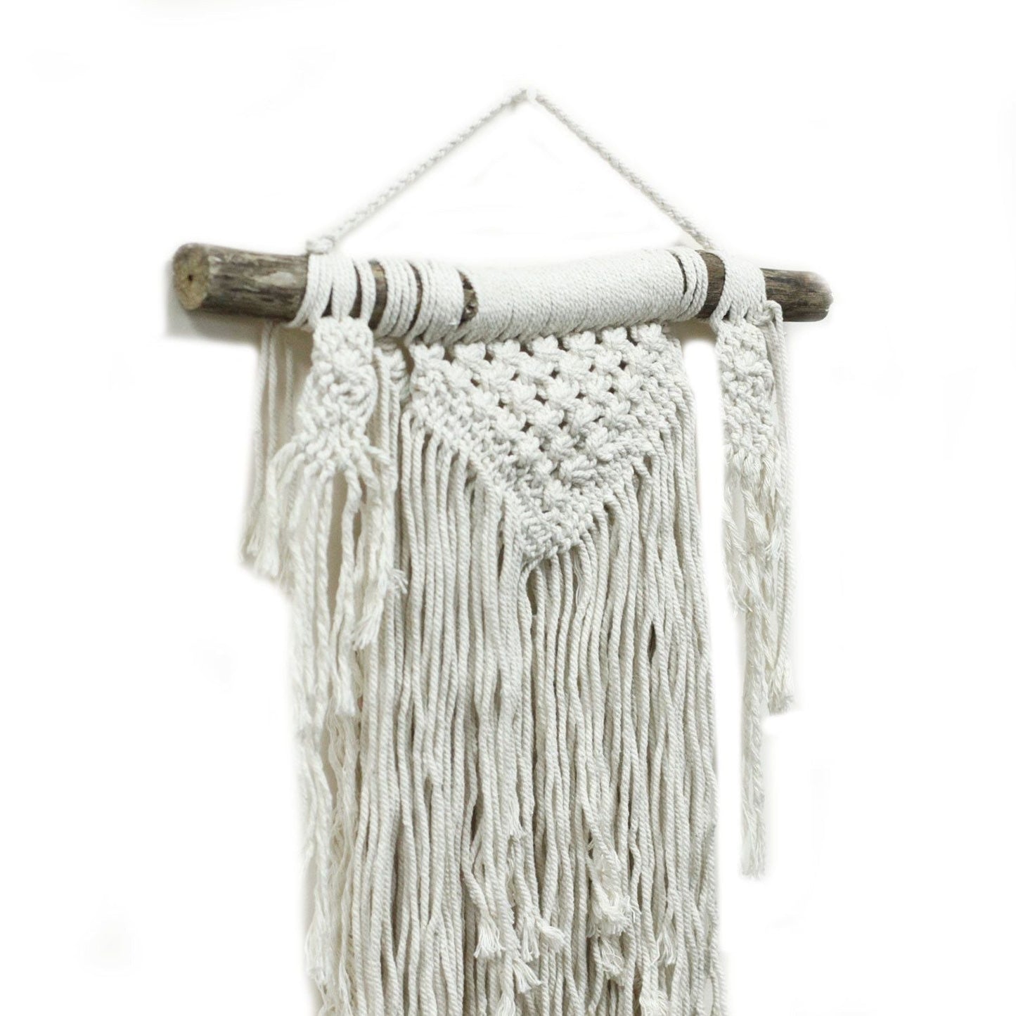 Macramé Wall Hanging – Natural Abundance natural cotton boho wall decor with intricate knotwork and fringe on wooden dowel