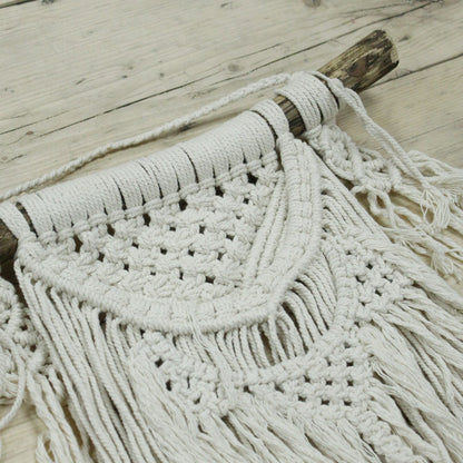 Alt Tag: Macramé Wall Hanging – Natural Abundance natural cotton wall decor with intricate knotwork, layered fringe and wooden dowel, neutral tones