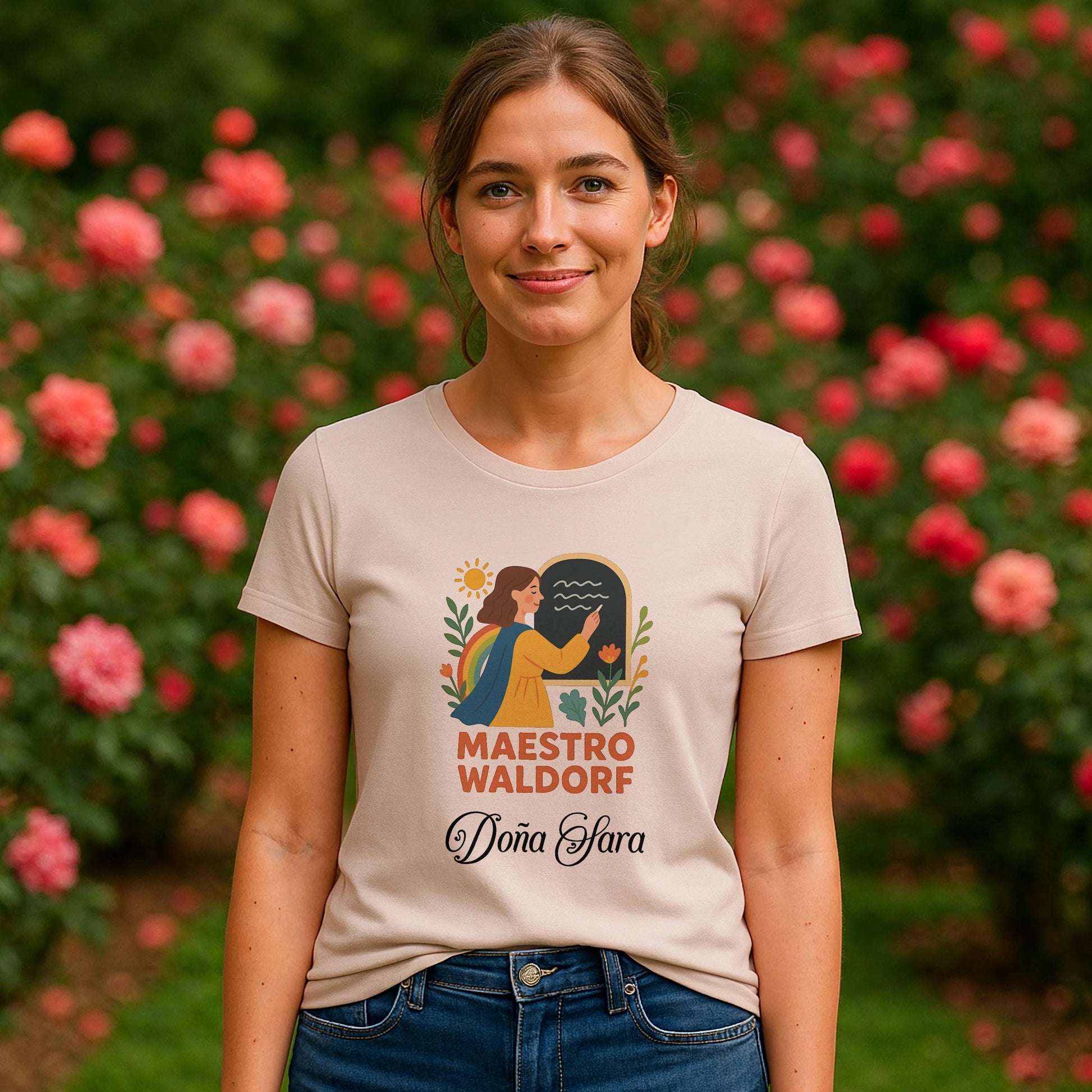 Alt Tag: Modelo usando Maestro Waldorf Personalizada Sustainable Unisex Tee color beige con ilustración frontal y texto “Maestro Waldorf” y “Doña Clara”