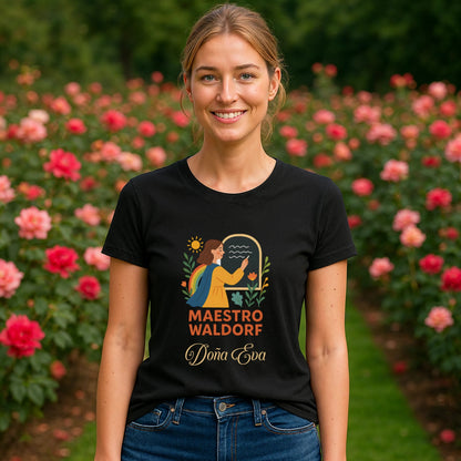 Maestro Waldorf Personalizada Sustainable Unisex Tee negra con diseño ilustrado, modelo de pie en jardín de flores