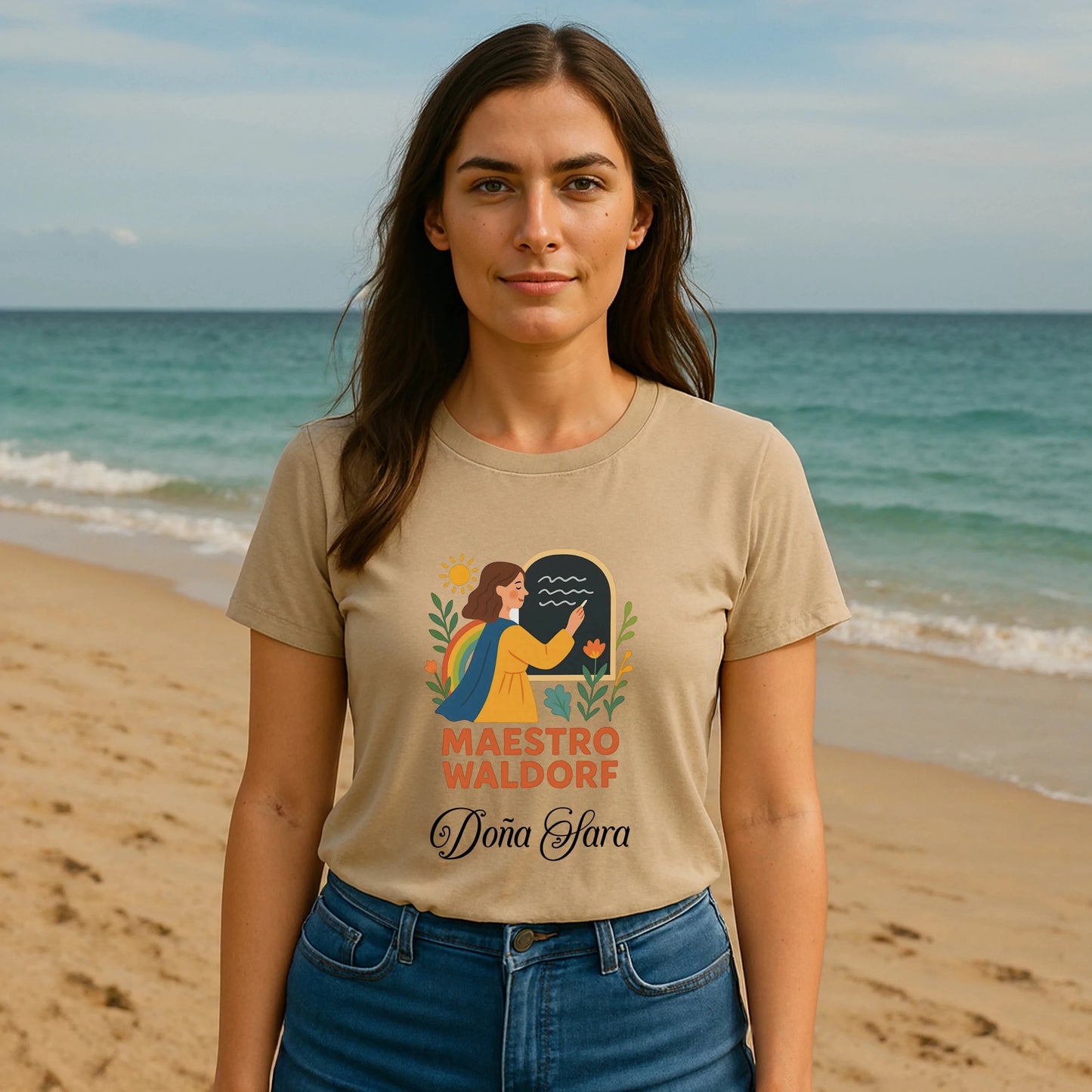 Alt Tag: Model wearing Maestro Waldorf Personalizada Sustainable Unisex Tee beige graphic t-shirt on beach, front view