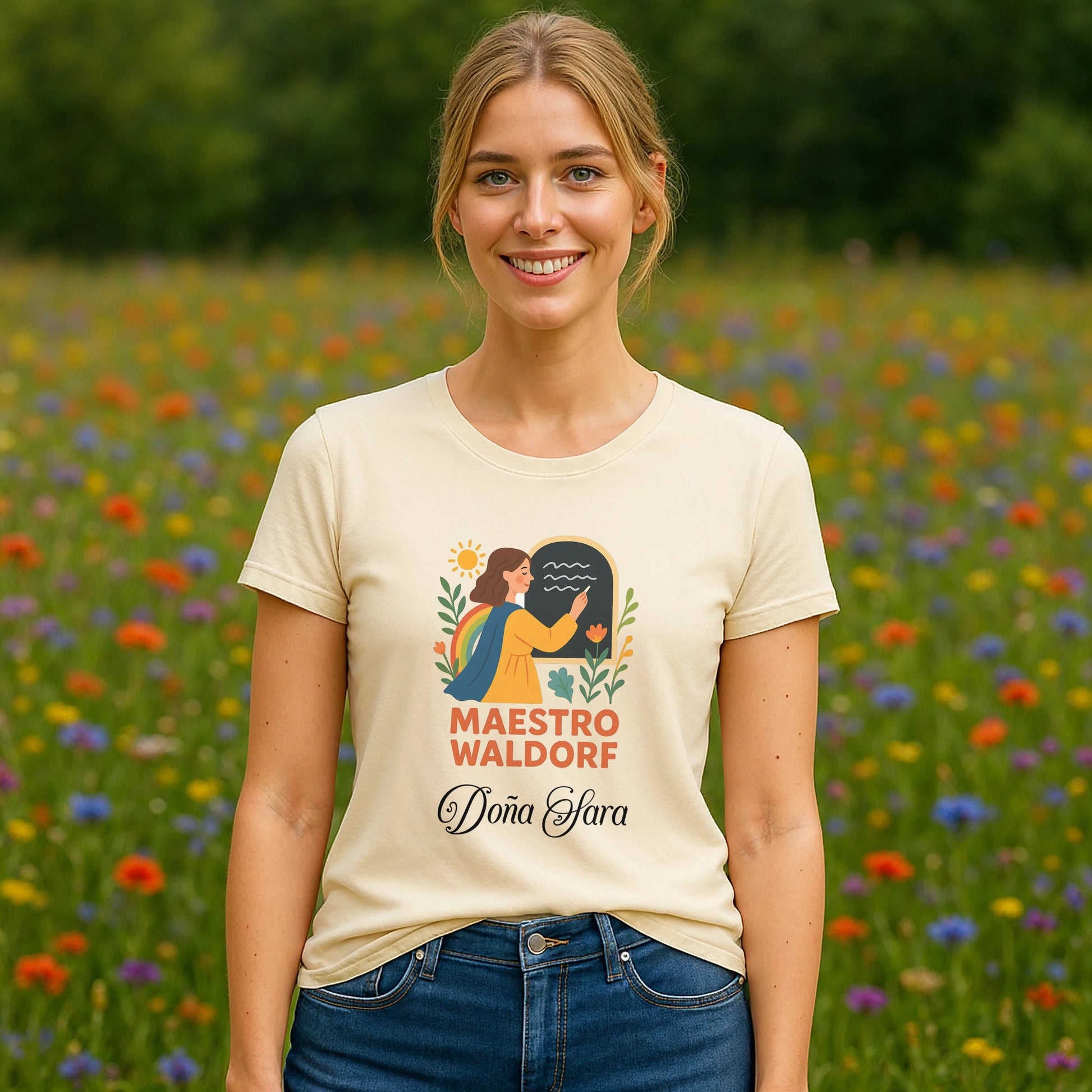 Alt Tag: Maestro Waldorf Personalizada Sustainable Unisex Tee con diseño Maestro Waldorf y texto “Doña Sara”, modelo con camiseta beige en campo de flores