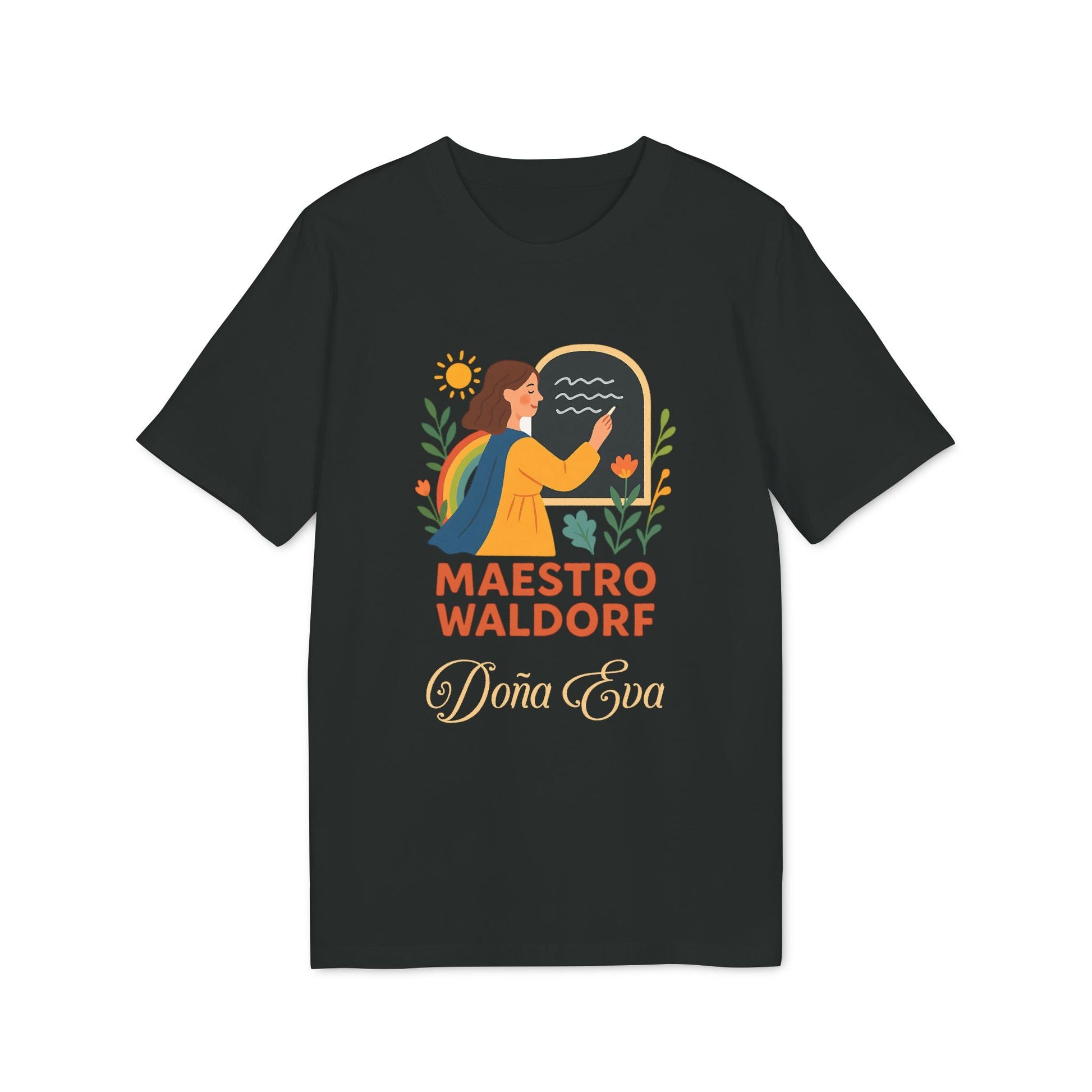 Alt Tag: Maestro Waldorf Personalizada Sustainable Unisex Tee camiseta unisex negra con ilustración y texto "Maestro Waldorf" y "Doña Eva"