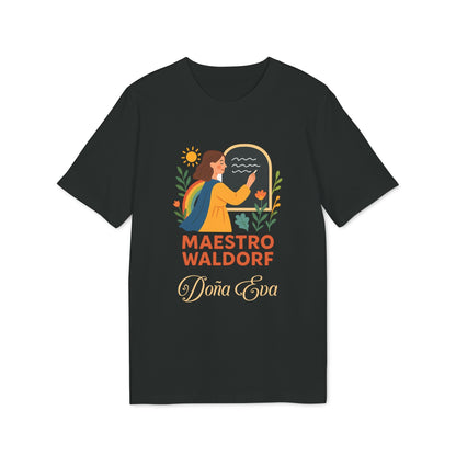 Alt Tag: Maestro Waldorf Personalizada Sustainable Unisex Tee camiseta unisex negra con ilustración y texto "Maestro Waldorf" y "Doña Eva"