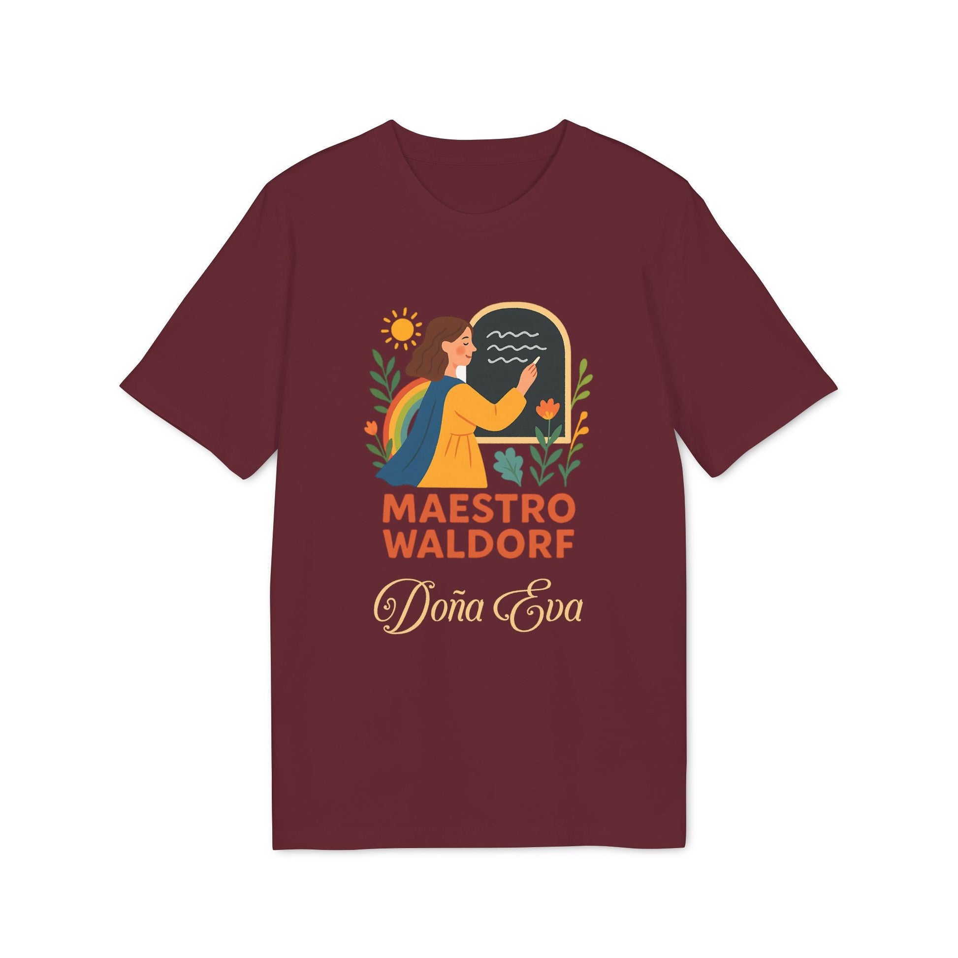 Alt Tag: Maestro Waldorf Personalizada Sustainable Unisex Tee camiseta unisex sostenible granate con ilustración y texto “Maestro Waldorf Doña Eva”