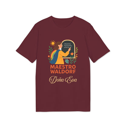 Alt Tag: Maestro Waldorf Personalizada Sustainable Unisex Tee camiseta unisex sostenible granate con ilustración y texto “Maestro Waldorf Doña Eva”