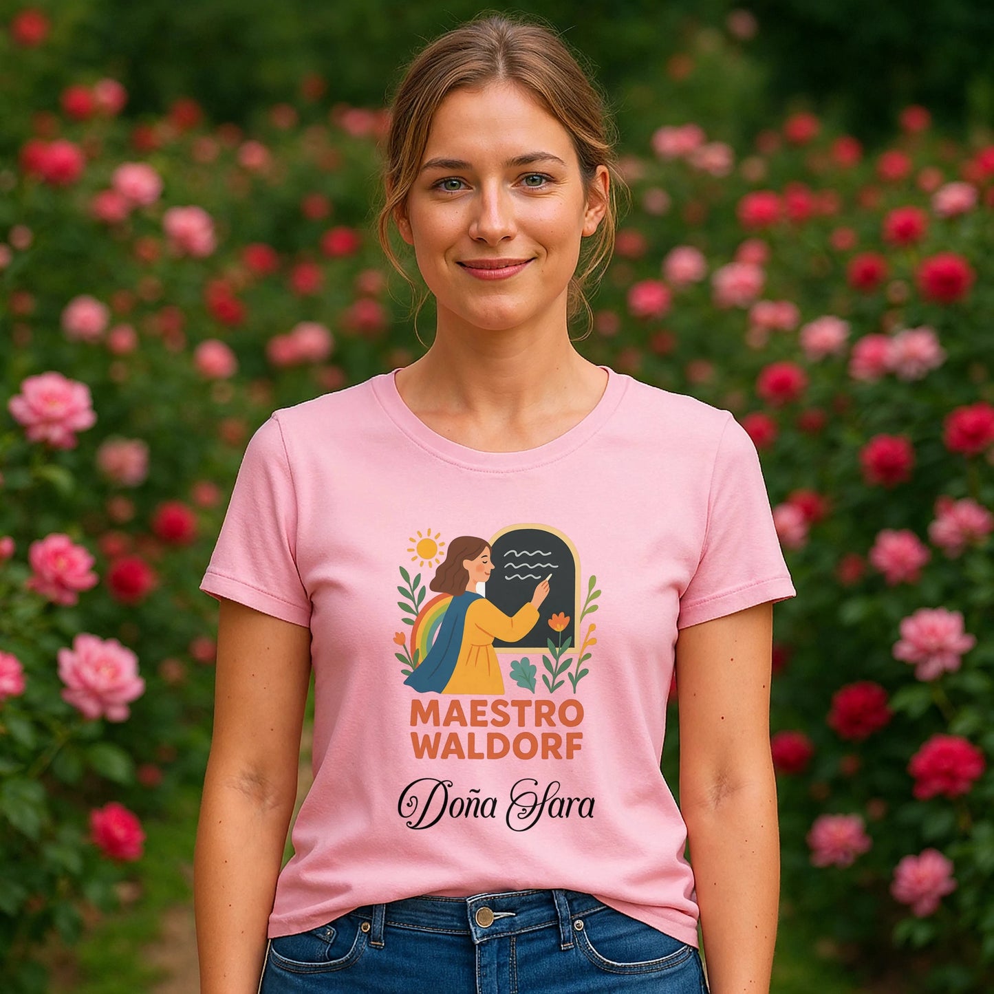 Alt Tag: Mujer con camiseta rosa Maestro Waldorf Personalizada Sustainable Unisex Tee con diseño ilustrado y texto “Maestro Waldorf” y “Doña Clara”