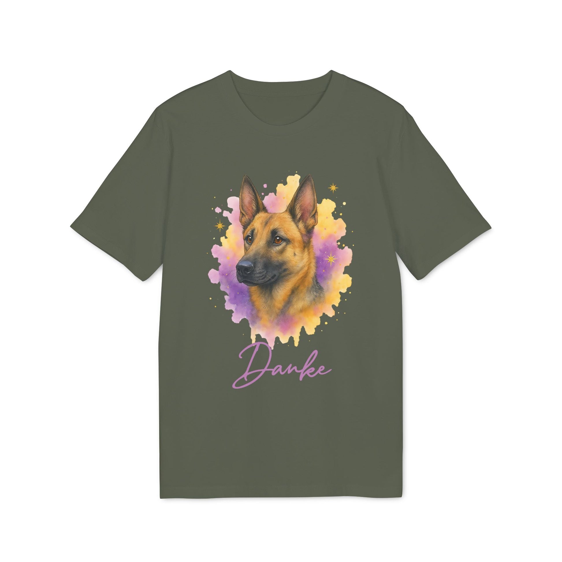 Malinois Personalized Dog 100% Organic Cotton T-Shirt featuring Belgian Malinois portrait watercolor design on olive green tee