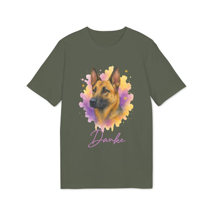 Malinois Personalized Dog 100% Organic Cotton T-Shirt featuring Belgian Malinois portrait watercolor design on olive green tee