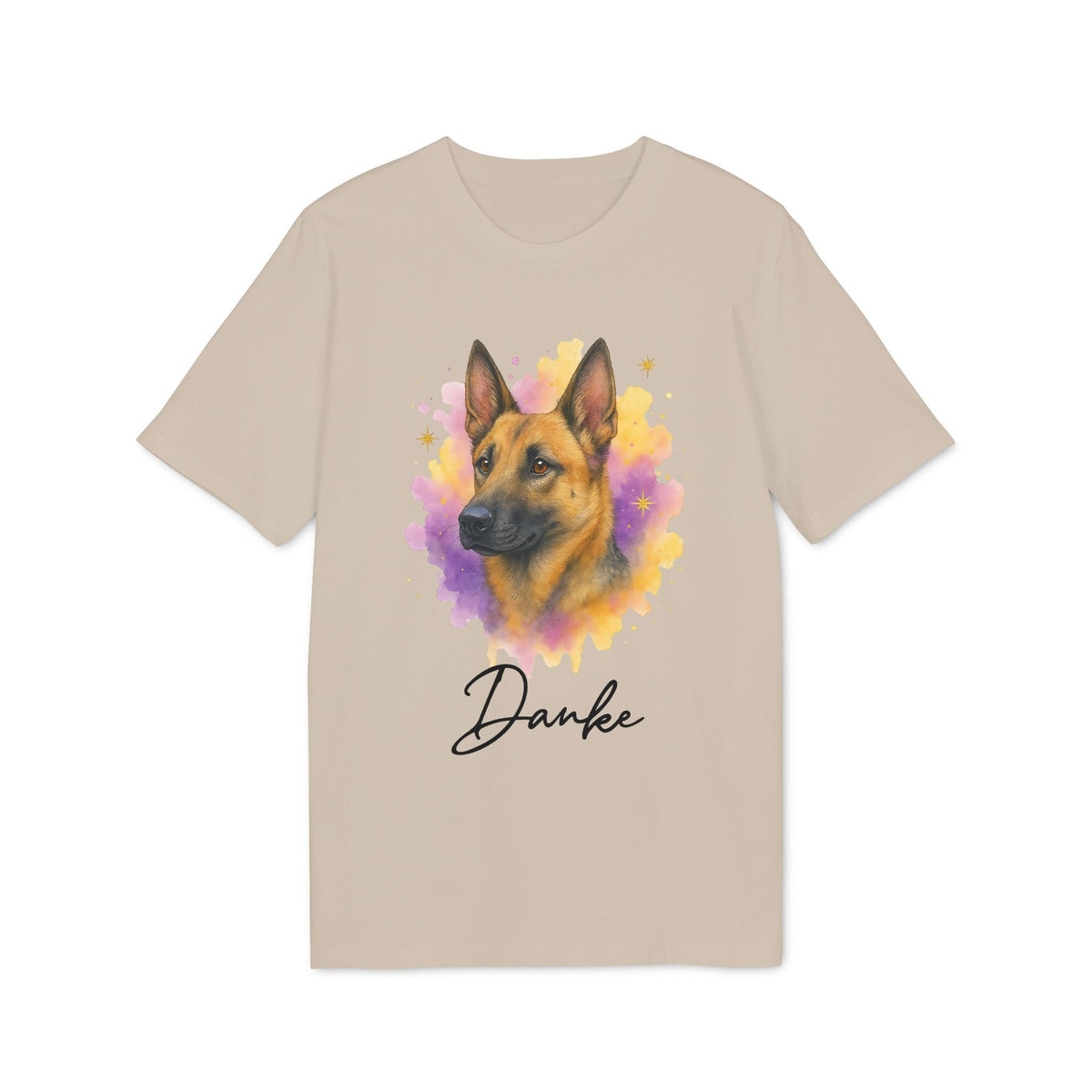 Malinois Personalized Dog 100% Organic Cotton T-Shirt beige tee with Malinois portrait watercolor splash and 