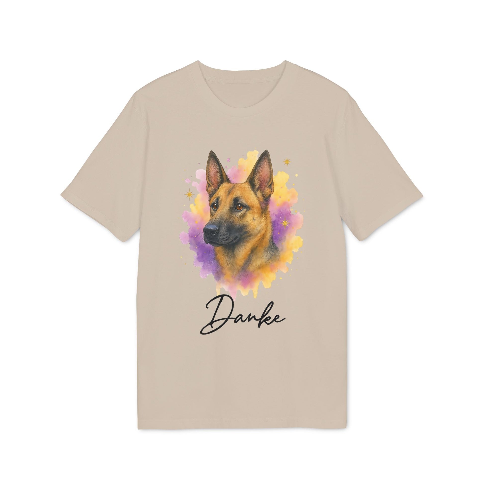 Malinois Personalized Dog 100% Organic Cotton T-Shirt beige tee with Malinois portrait watercolor splash and "Danke" text