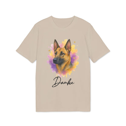 Malinois Personalized Dog 100% Organic Cotton T-Shirt beige tee with Malinois portrait watercolor splash and "Danke" text