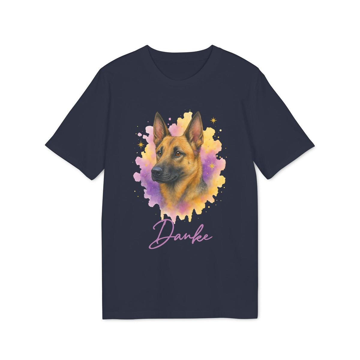 Malinois Personalized Dog 100% Organic Cotton T-Shirt navy tee with Belgian Malinois portrait watercolor graphic and “Danke” text