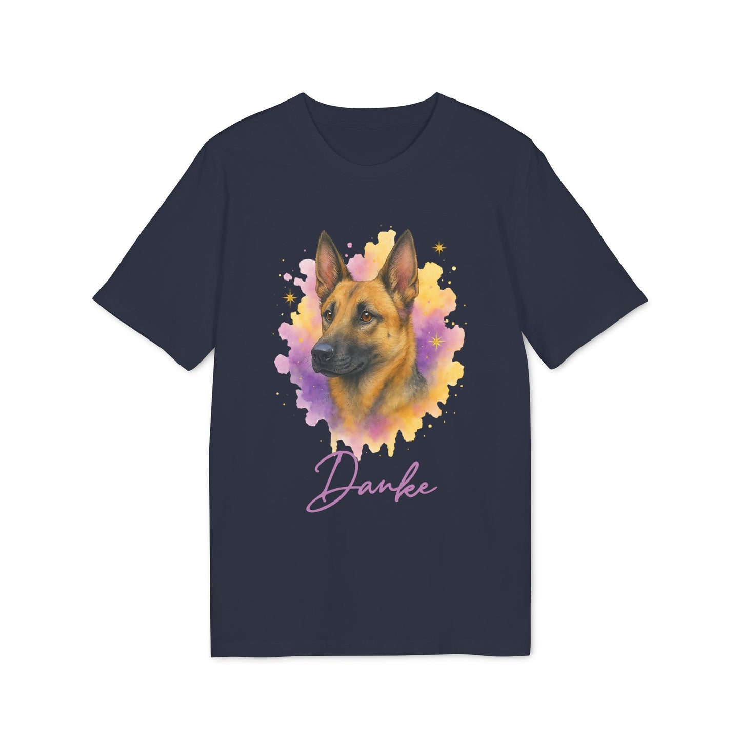 Malinois Personalized Dog 100% Organic Cotton T-Shirt navy tee with Belgian Malinois portrait watercolor graphic and “Danke” text