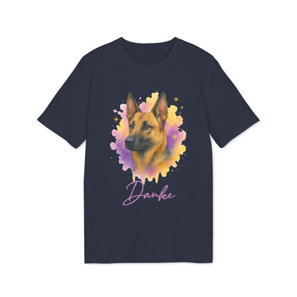 Malinois Personalized Dog 100% Organic Cotton T-Shirt navy tee with Belgian Malinois portrait watercolor graphic and “Danke” text