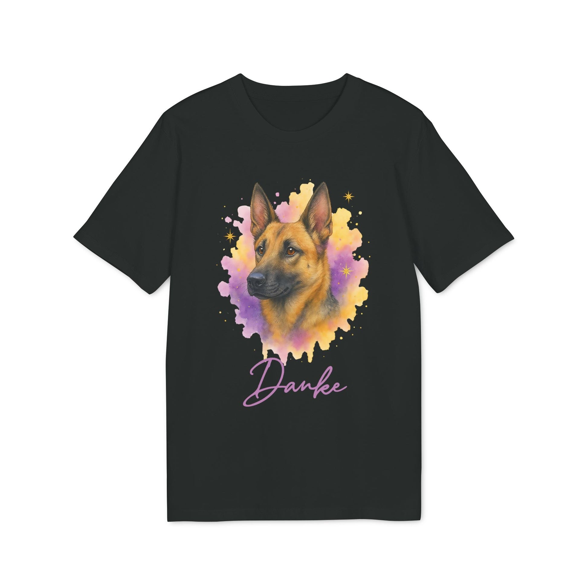 Alt Tag: Malinois Personalized Dog 100% Organic Cotton T-Shirt black tee with watercolor Malinois portrait and “Danke” text