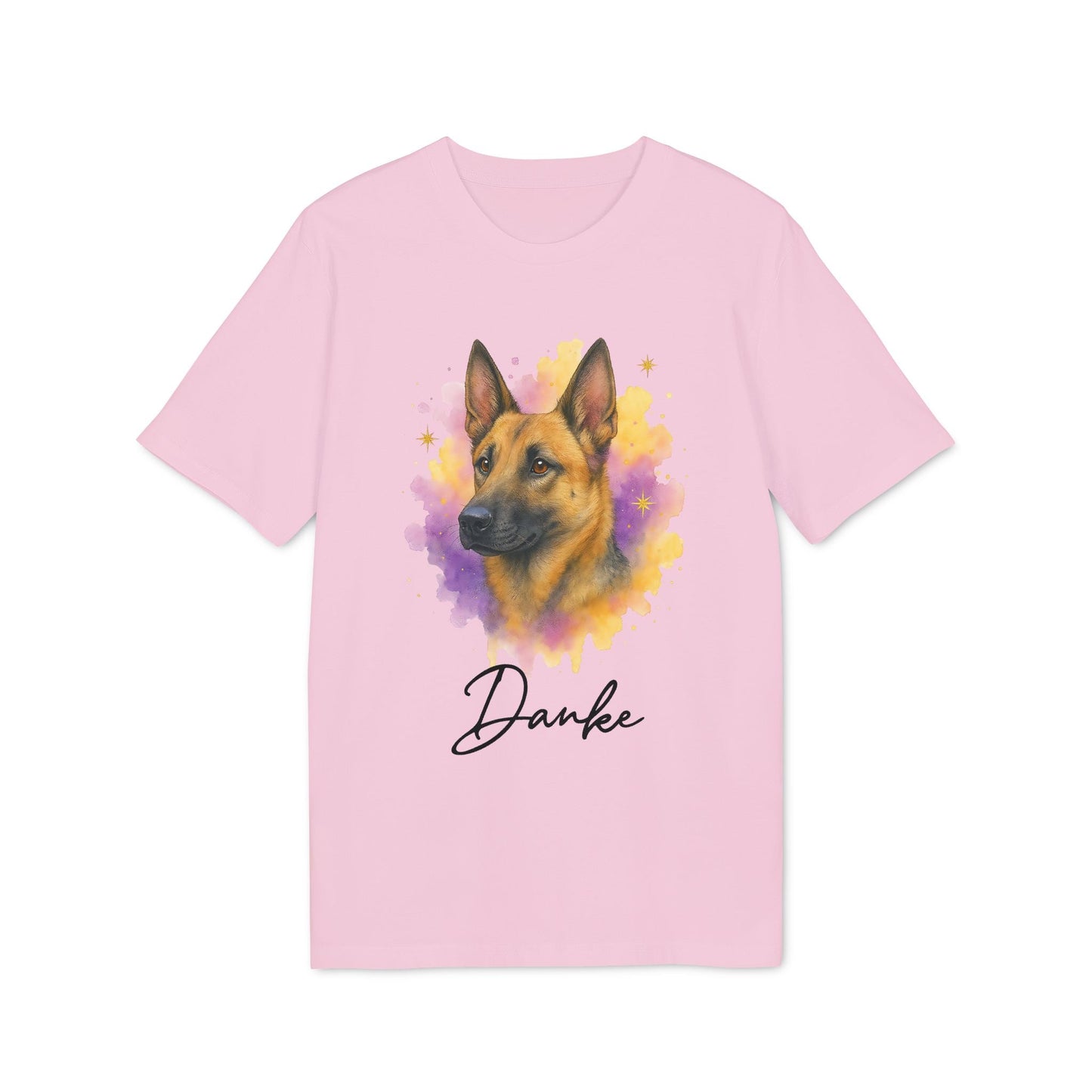Malinois Personalized Dog 100% Organic Cotton T-Shirt, camiseta rosa con retrato de pastor belga Malinois estilo acuarela y texto "Danke"