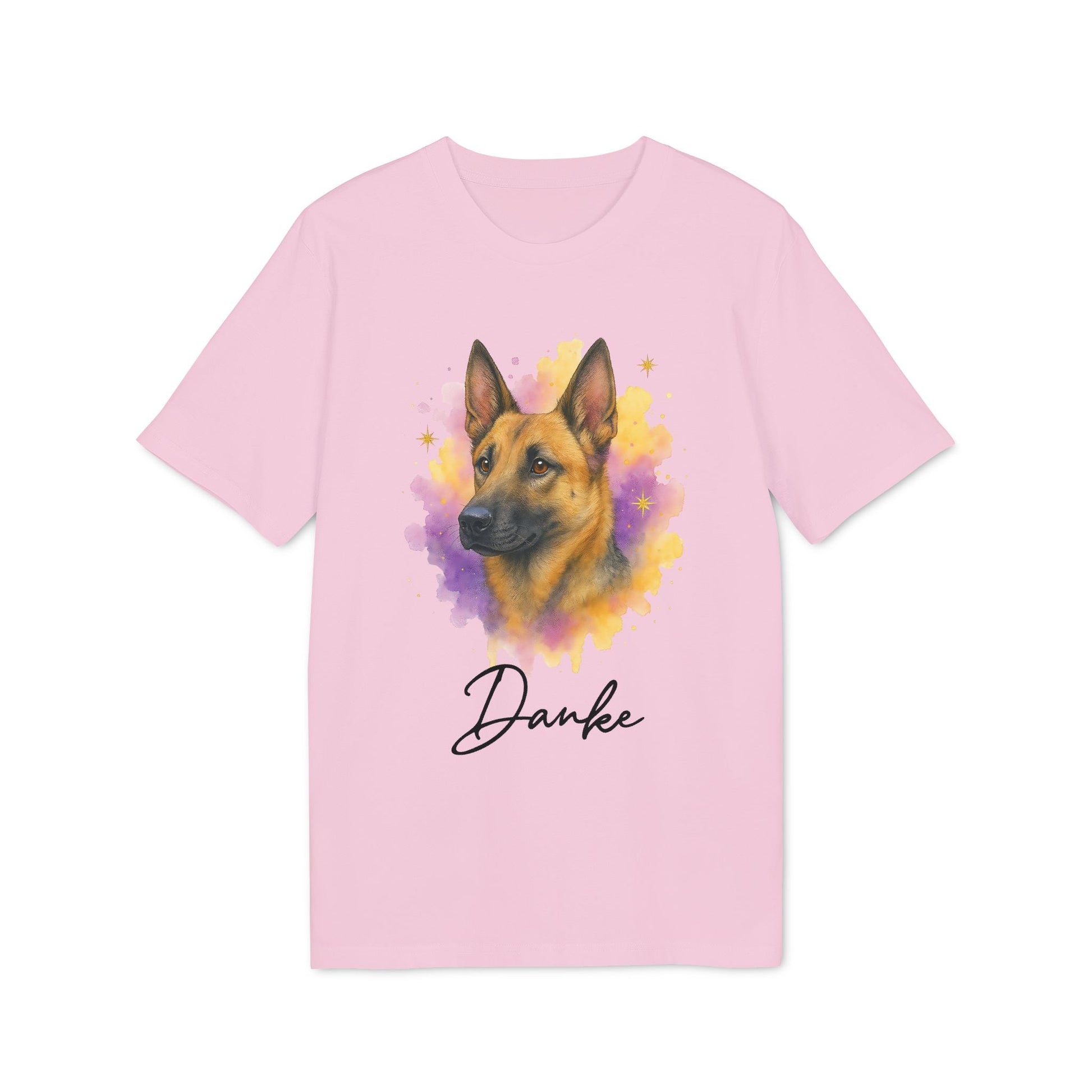 Malinois Personalized Dog 100% Organic Cotton T-Shirt, camiseta rosa con retrato de pastor belga Malinois estilo acuarela y texto "Danke"