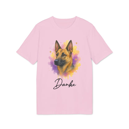 Malinois Personalized Dog 100% Organic Cotton T-Shirt, camiseta rosa con retrato de pastor belga Malinois estilo acuarela y texto "Danke"