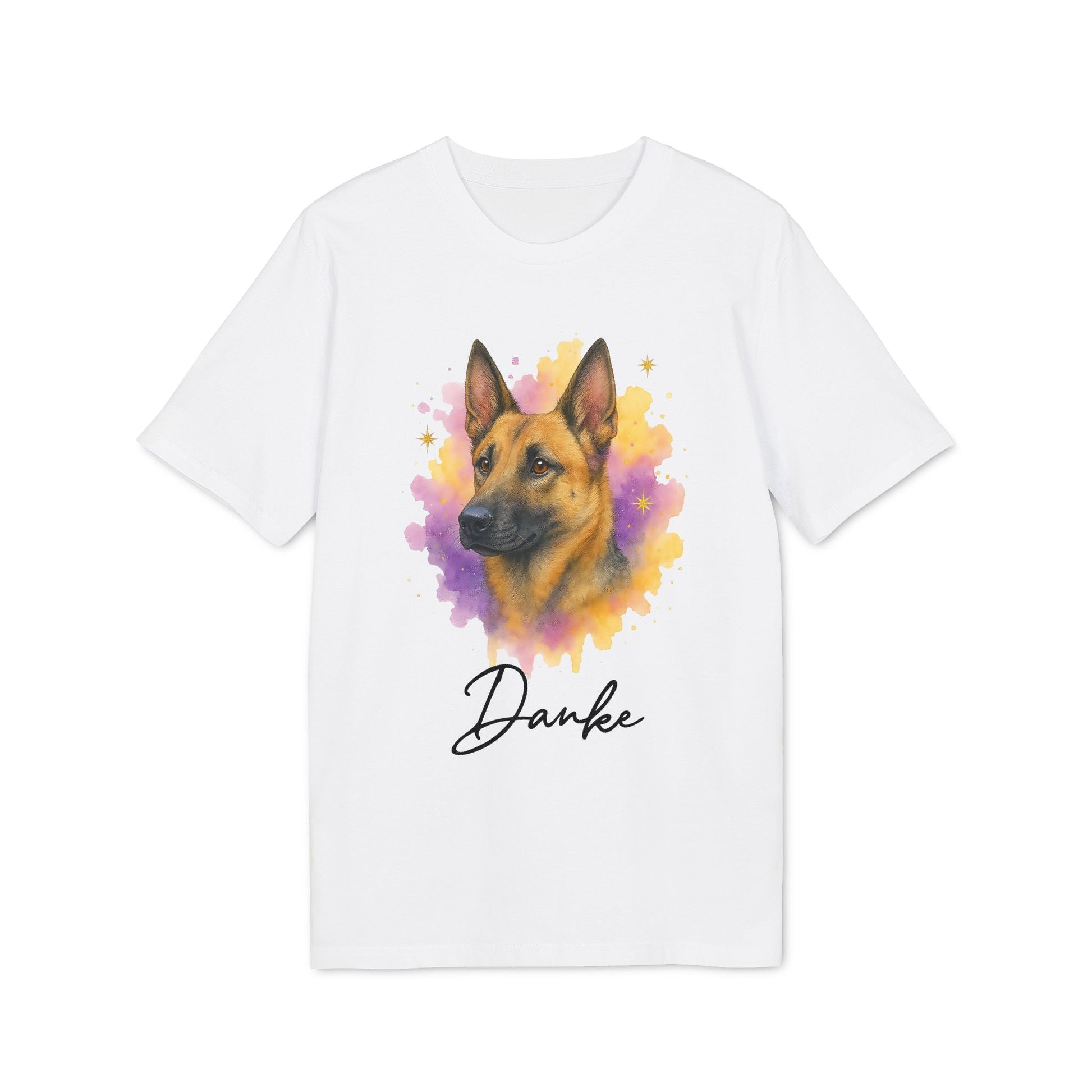 Malinois Personalized Dog 100% Organic Cotton T-Shirt blanca con ilustración acuarela de Malinois y texto “Danke”