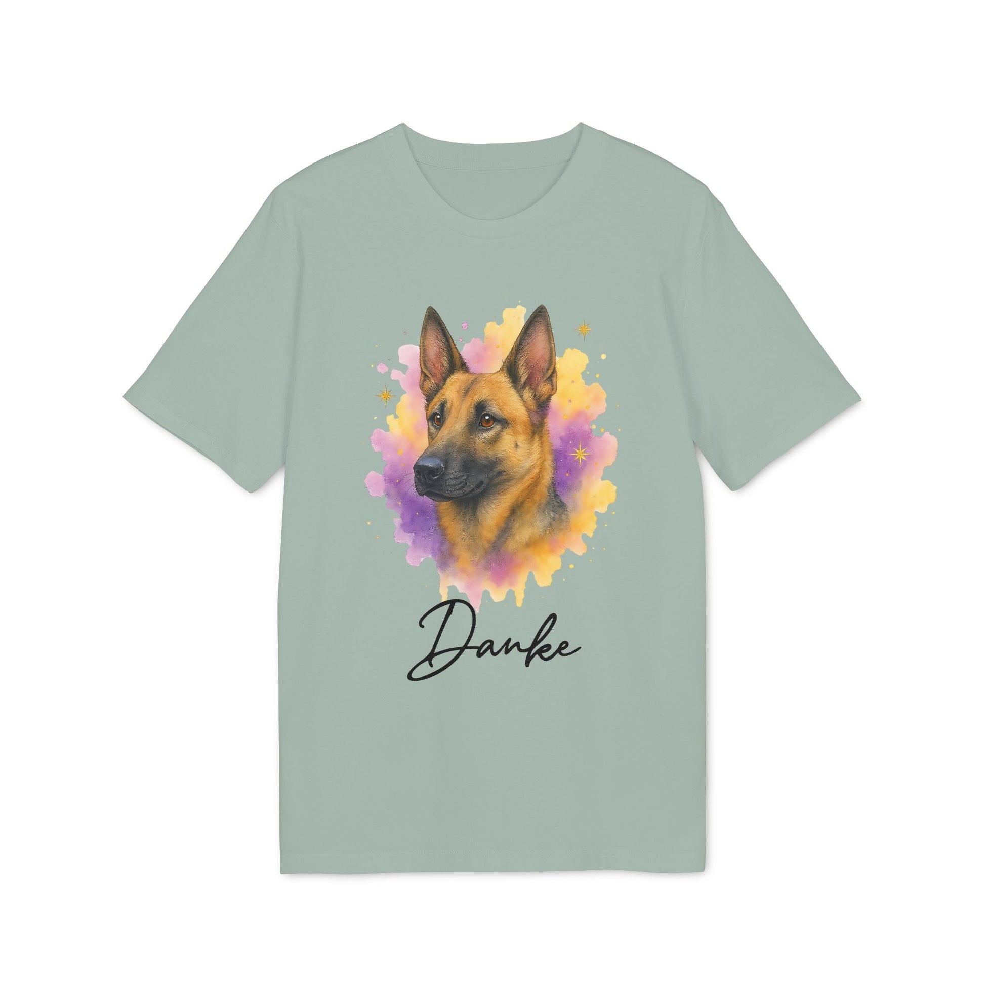 Malinois Personalized Dog 100% Organic Cotton T-Shirt in sage green with Belgian Malinois watercolor portrait and “Danke” text