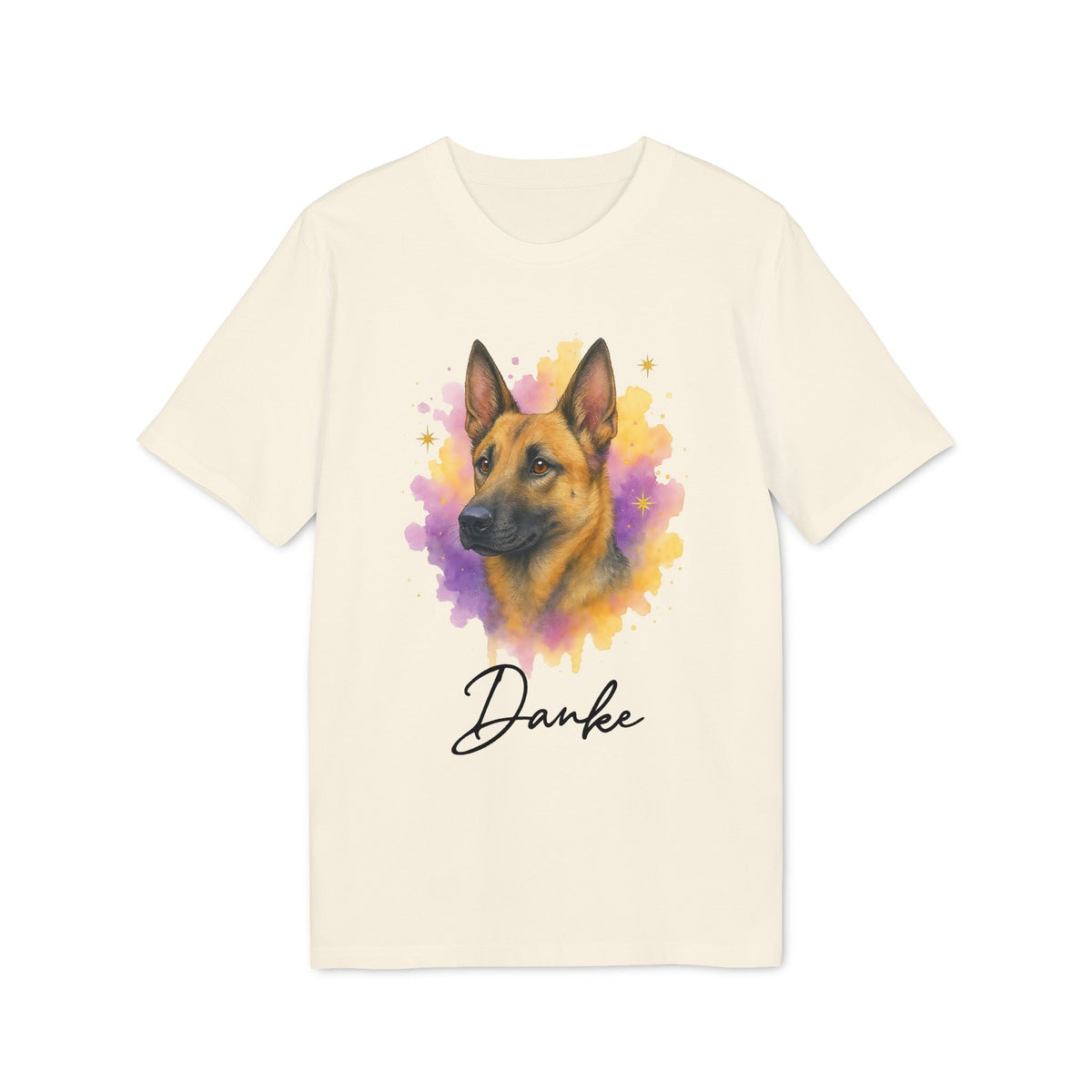 Malinois Personalized Dog 100% Organic Cotton T-Shirt with watercolor Malinois portrait graphic and “Danke” text on cream tee