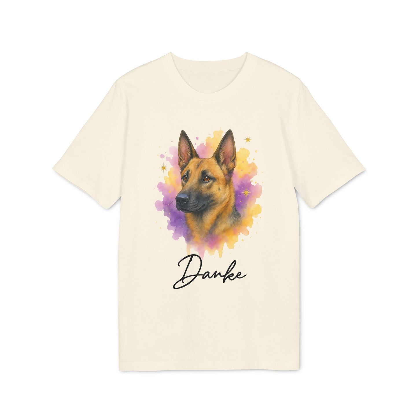 Malinois Personalized Dog 100% Organic Cotton T-Shirt with watercolor Malinois portrait graphic and “Danke” text on cream tee