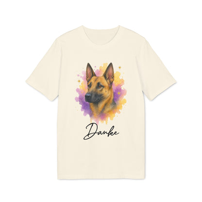 Malinois Personalized Dog 100% Organic Cotton T-Shirt with watercolor Malinois portrait graphic and “Danke” text on cream tee