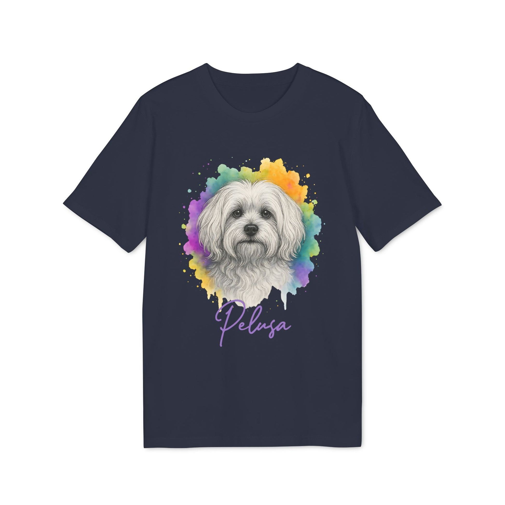 Alt Tag: Maltese Personalized Dog Premium Unisex T-Shirt navy with Maltese portrait and custom name “Pelusa” watercolor splash design