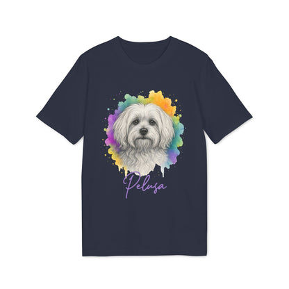 Alt Tag: Maltese Personalized Dog Premium Unisex T-Shirt navy with Maltese portrait and custom name “Pelusa” watercolor splash design